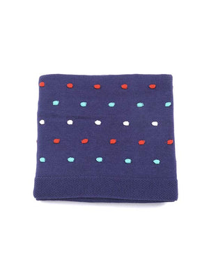 Blue Multi Cotton Knit Pom Pom Baby Blanket