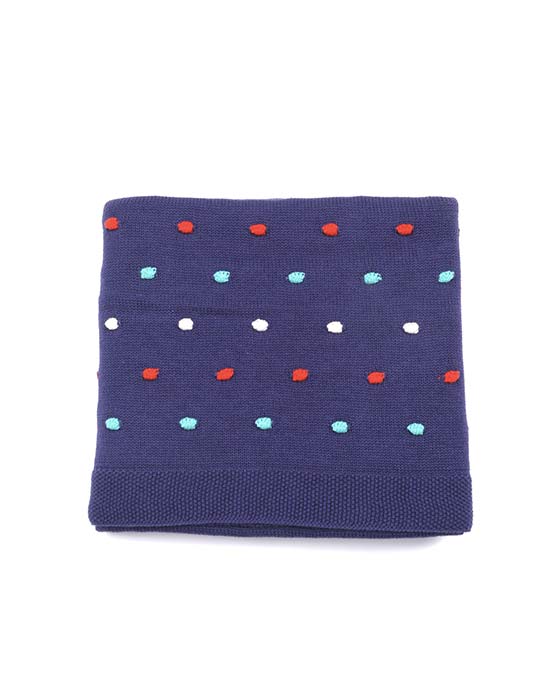 Blue Multi Cotton Knit Pom Pom Baby Blanket