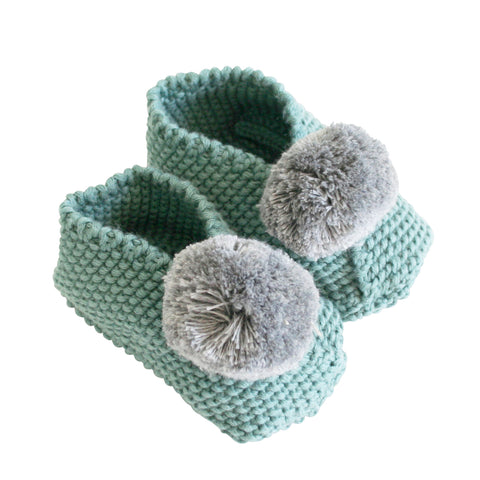 Sage Green & Grey Cotton Pom Pom Baby Booties Slippers