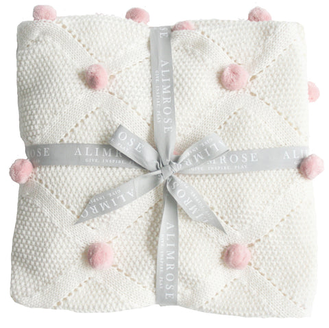 Organic Ivory & Pink Pom Pom Baby Blanket & bonus Emma Heart Shaped Rattle