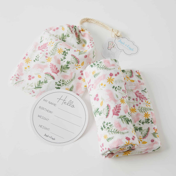 Earth Spirit Muslin Swaddle Wrap & Baby Arrival Card & bonus Emma Heart Rattle