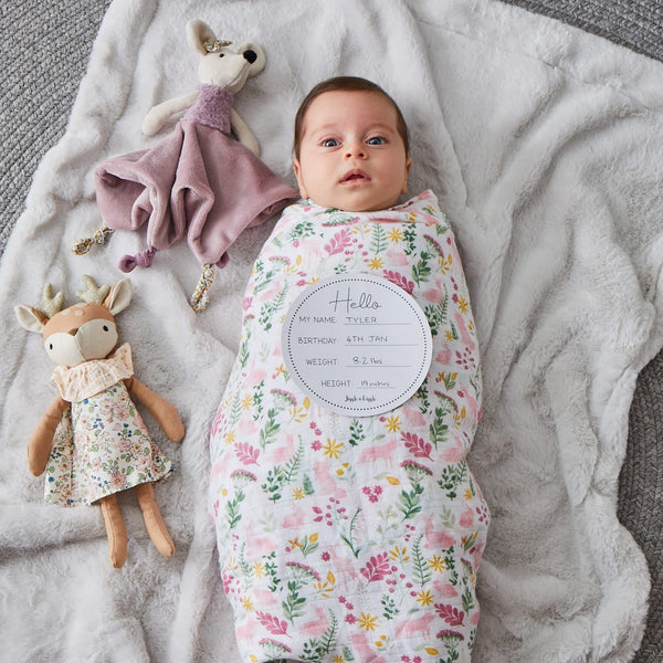 Earth Spirit Muslin Swaddle Wrap & Baby Arrival Card & bonus Emma Heart Rattle