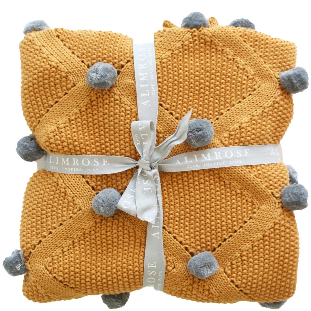 Alimrose Organic Butterscotch & Grey Pom Pom Baby Blanket