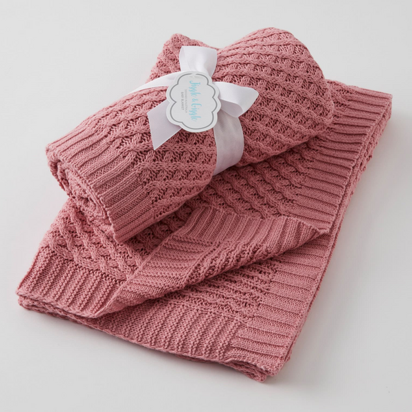 Blush Basket Weave Cotton Knit Baby Blanket & Bonus Emma Heart Rattle