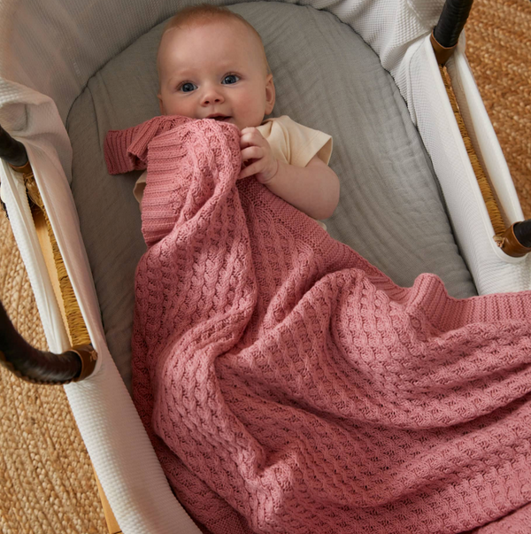 Blush Basket Weave Cotton Knit Baby Blanket & Bonus Emma Heart Rattle