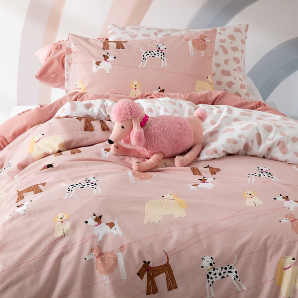 Kids Walkies Pink Puppy Dogs Reversible Quilt Cover Set Lovely Linen