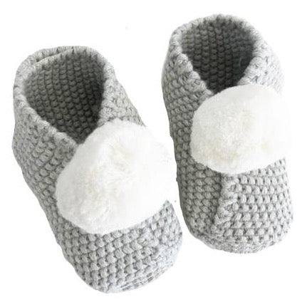 Grey & Ivory Cotton Pom Pom Baby Booties Slippers