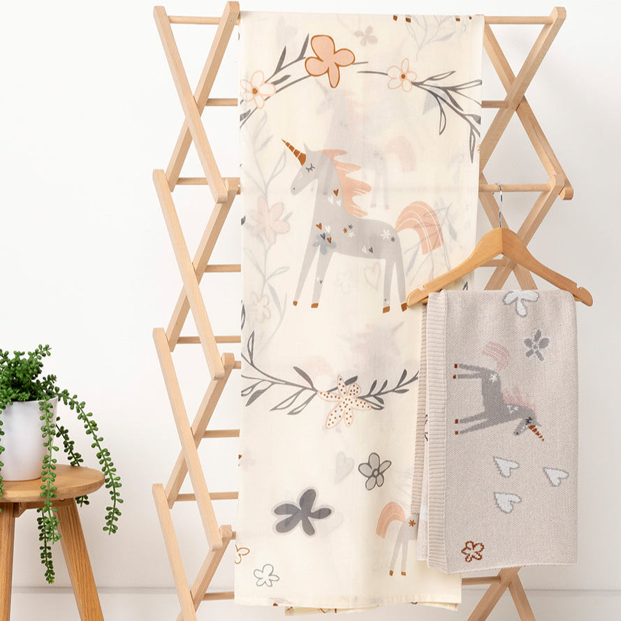 2 piece Unicorn Cotton Baby Blanket & Cotton Swaddle Set