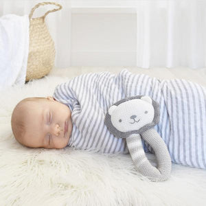 2 Piece Grey Stripe Muslin Swaddle Wrap & Lion Rattle