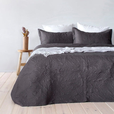 Charcoal Paisley Coverlet Bedcover & Pillow Cases Set. Two Sizes to choose from.