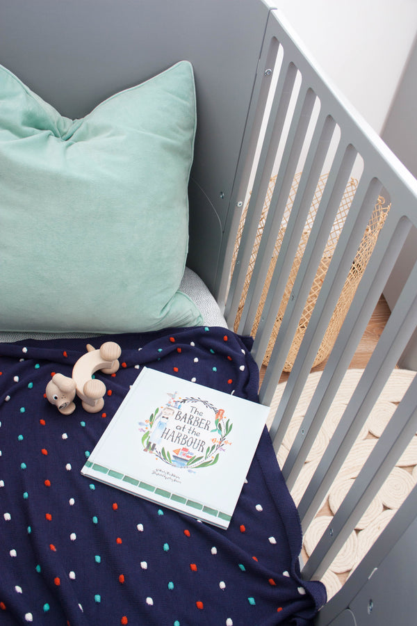 Blue Multi Cotton Knit Pom Pom Baby Blanket