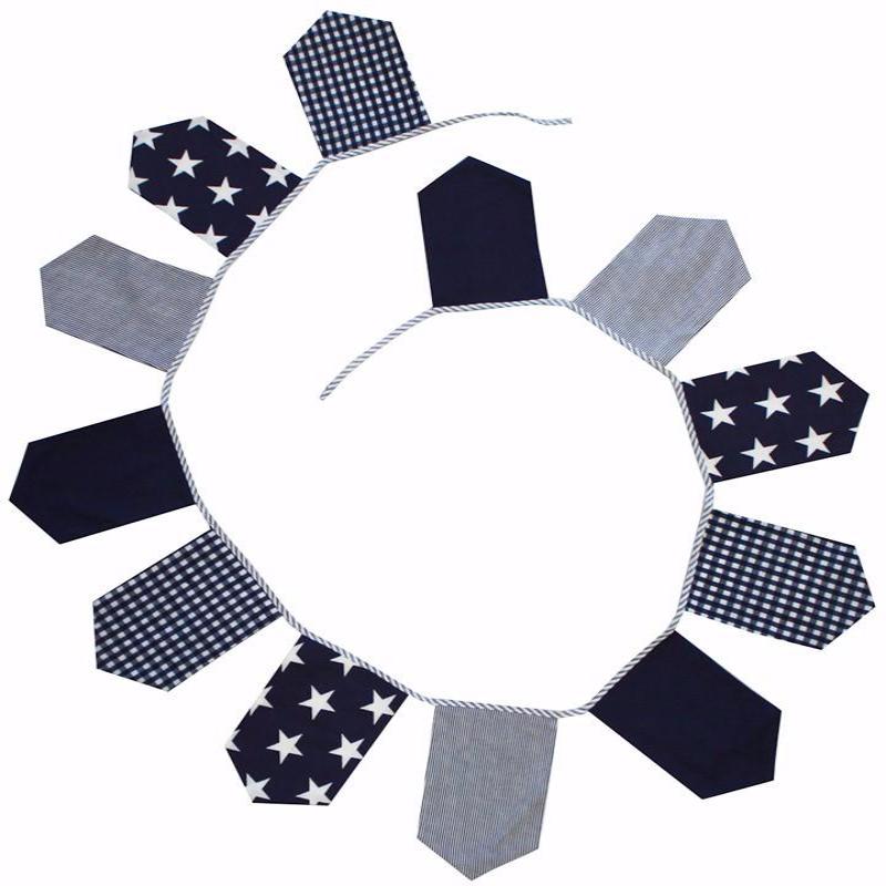 Lachlan Cotton Navy & White Bunting Flags - Gingham, Stars, Stripes