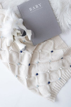 Blue Multi Pom Pom Premium Cotton Baby Blanket Gift Boxed