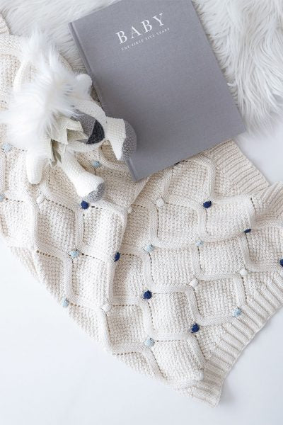 Blue Multi Pom Pom Premium Cotton Baby Blanket Gift Boxed