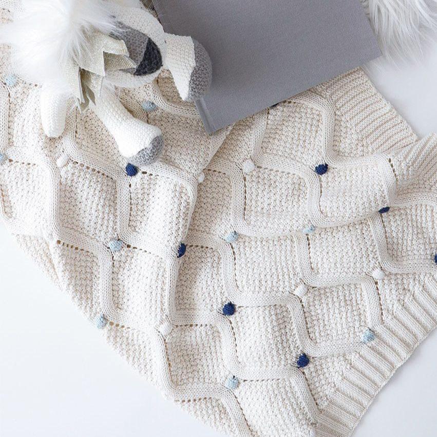 Blue Multi Pom Pom Premium Cotton Baby Blanket Gift Boxed