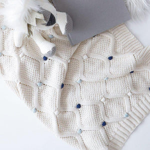 Blue Multi Pom Pom Premium Cotton Baby Blanket Gift Boxed