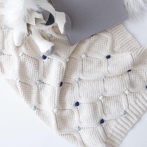 Blue Multi Pom Pom Premium Cotton Baby Blanket Gift Boxed