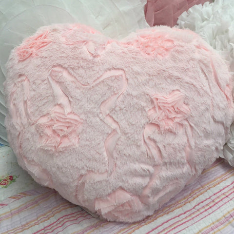 Pink Soft Plush Ribbon Heart Decorator Cushion