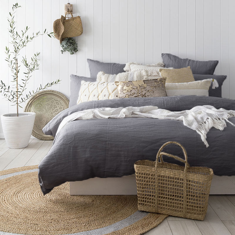 French Linen Bambury Charcoal Quilt Cover Set in Super King