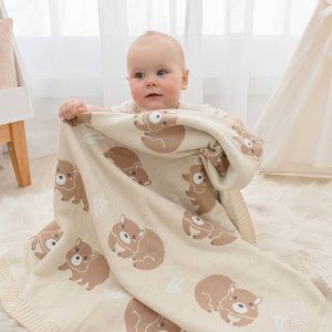 Australiana Cotton Knit Baby Blanket - Wombat / Natural Pram Crib Blanket