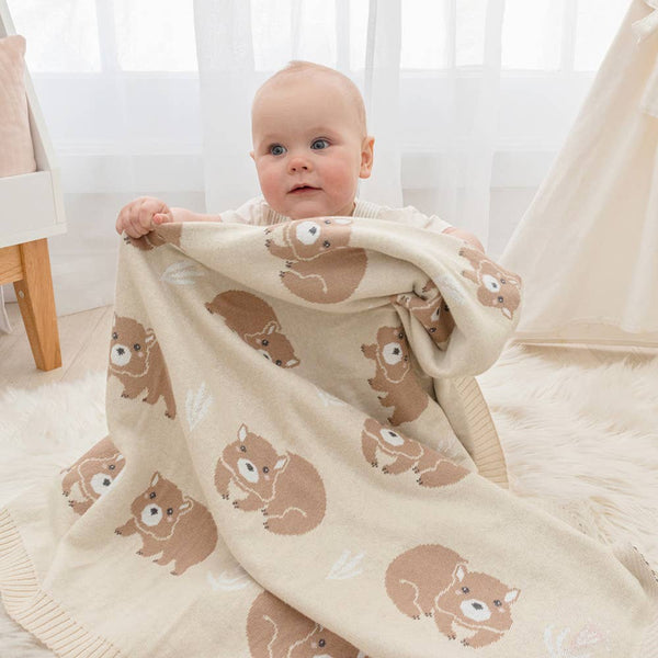Australiana Cotton Knit Baby Blanket - Wombat / Natural Pram Crib Blanket