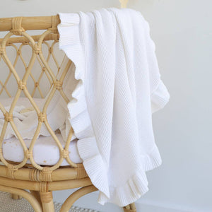White Ruffle Organic Cotton Knit Baby Blanket Snuggle Hunny