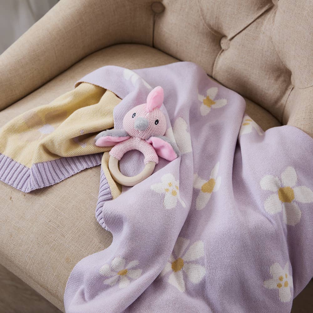 Cotton Knitted Baby Blanket - Lilac Daisy Dreams