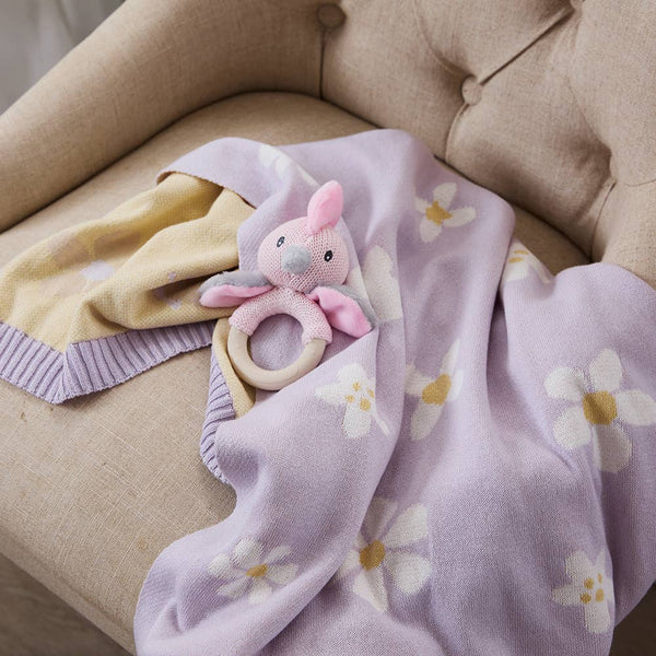 Cotton Knitted Baby Blanket - Lilac Daisy Dreams