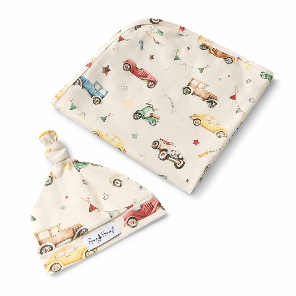 Snuggle Hunny Vintage Cars Organic Jersey Baby Wrap & Beanie Gift Set