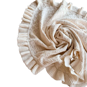 Mila Pointelle Cotton Knit Frill Baby Blanket | Snow