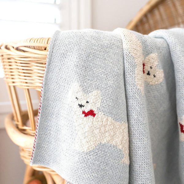 Westie Puppy Powder Blue Cotton Knit Alimrose Baby Blanket
