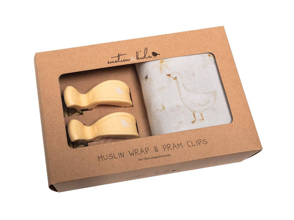 Gwen the Goose Muslin Baby Wrap & Buttermilk Pram Clip Set