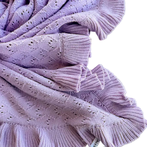Mila Pointelle Frill Cotton Knit Baby Blanket Blanket | Aster Mauve