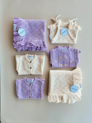 Mila Pointelle Frill Cotton Knit Baby Blanket Blanket | Aster Mauve