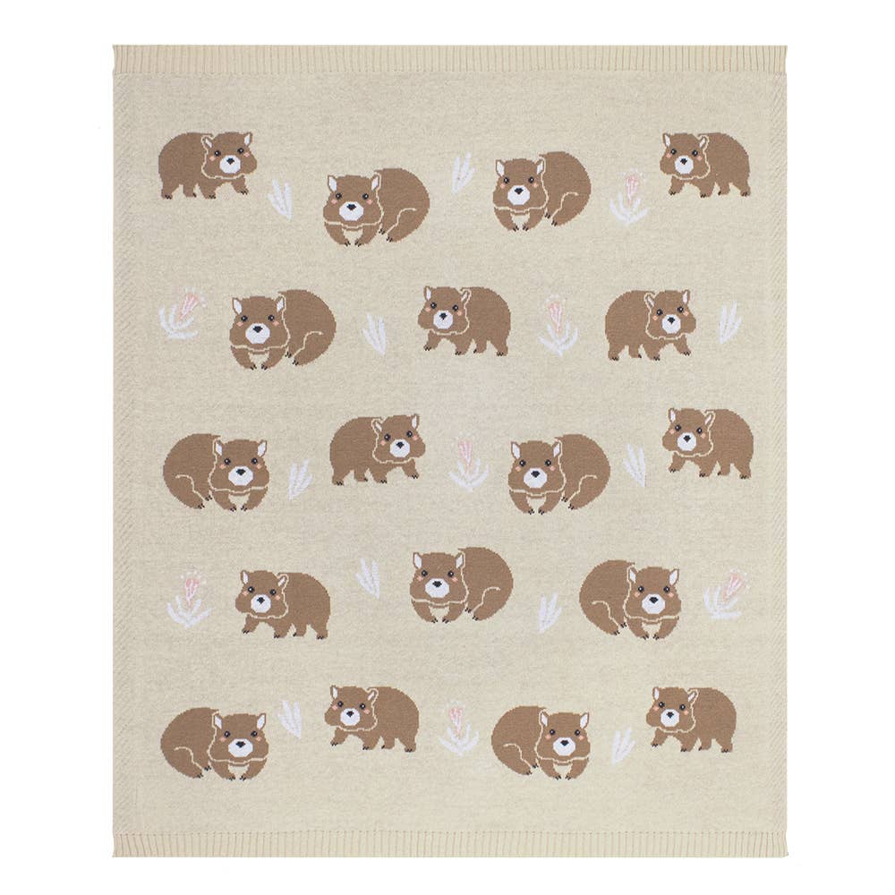 Australiana Cotton Knit Baby Blanket - Wombat / Natural Pram Crib Blanket