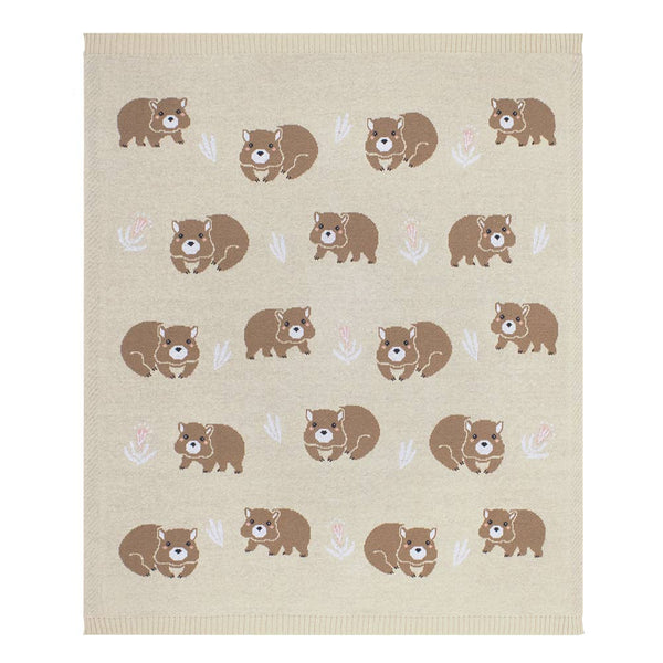 Australiana Cotton Knit Baby Blanket - Wombat / Natural Pram Crib Blanket