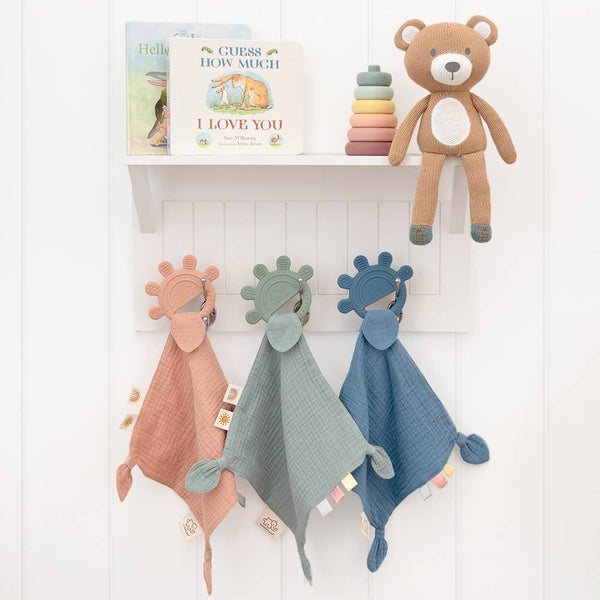 Silicone Muslin Comfort Teether - Rose Pink, Sage Green, Steel Blue