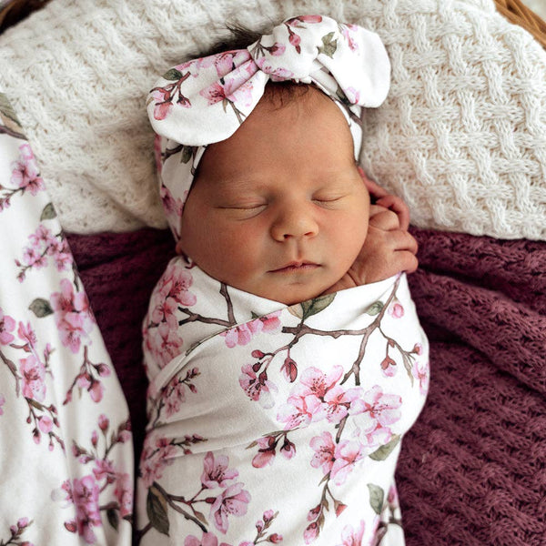 Snuggle Hunny Cherry Blossom Organic Jersey Newborn Baby Wrap & Topknot Gift Set