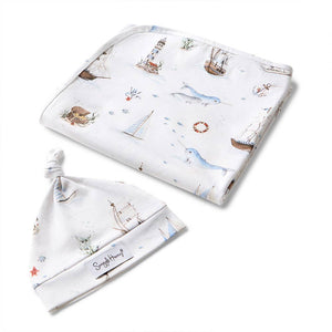 Set Sail Organic Cotton Jersey Baby Wrap & Beanie Gift Set Snuggle Hunny