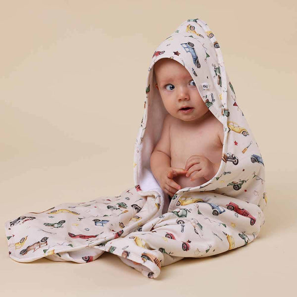 Vintage Cars Snuggle Hunny Organic Hooded Baby Towel