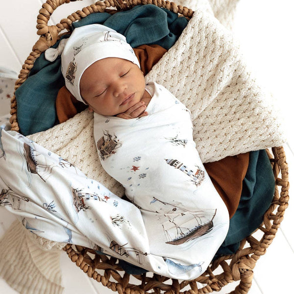 Set Sail Organic Cotton Jersey Baby Wrap & Beanie Gift Set Snuggle Hunny