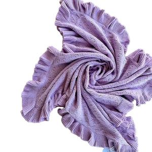 Mila Pointelle Frill Cotton Knit Baby Blanket Blanket | Aster Mauve