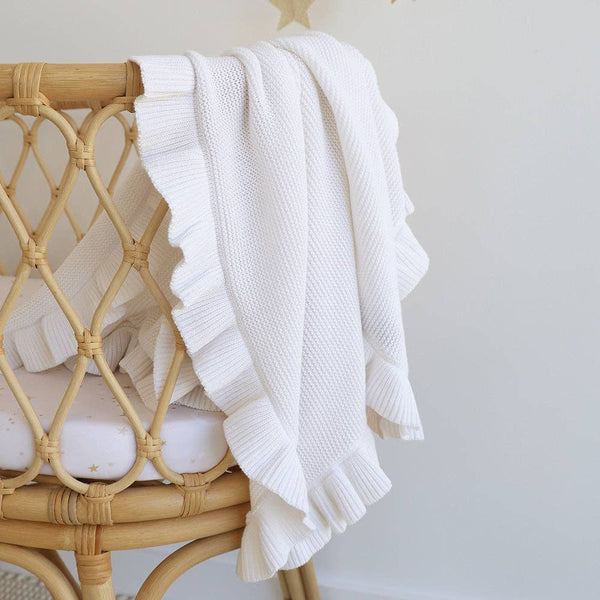 White Ruffle Organic Cotton Knit Baby Blanket Snuggle Hunny