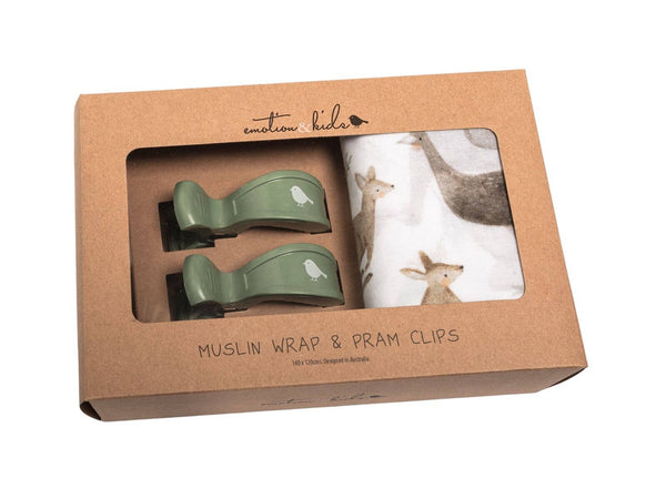 Australiana Muslin Baby Wrap & Latte Pram Clip Baby Shower Gift Idea Set
