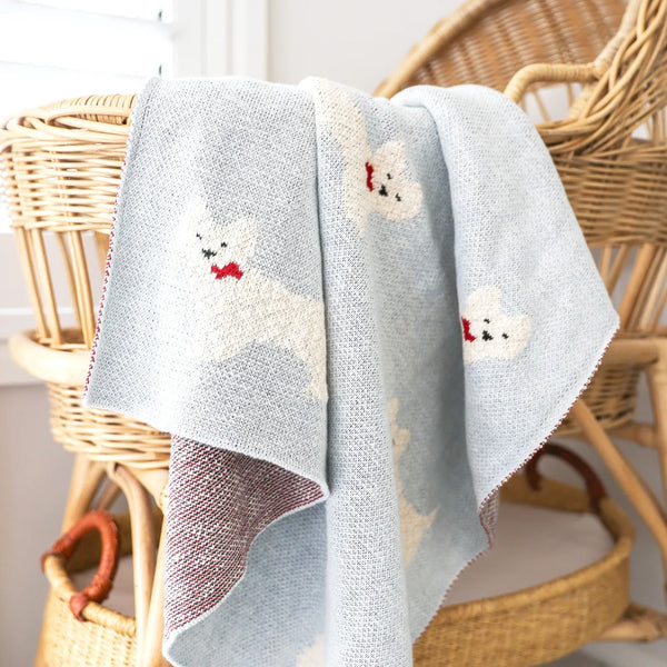 Westie Puppy Powder Blue Cotton Knit Alimrose Baby Blanket