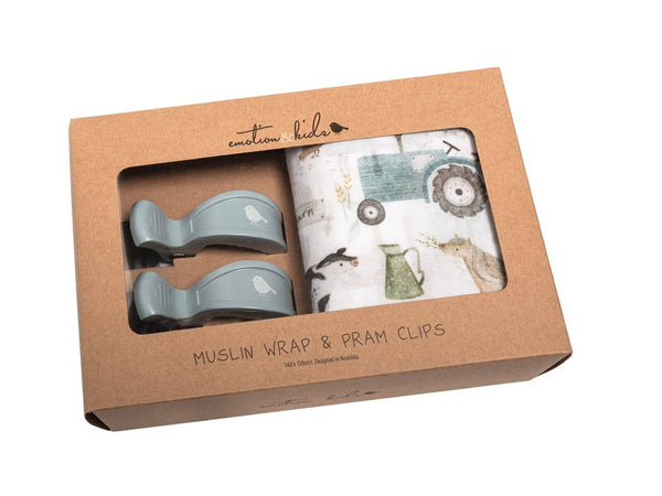 Newborn Baby Farm Muslin Wrap & Grey Pram Clip Baby Shower Gift Set