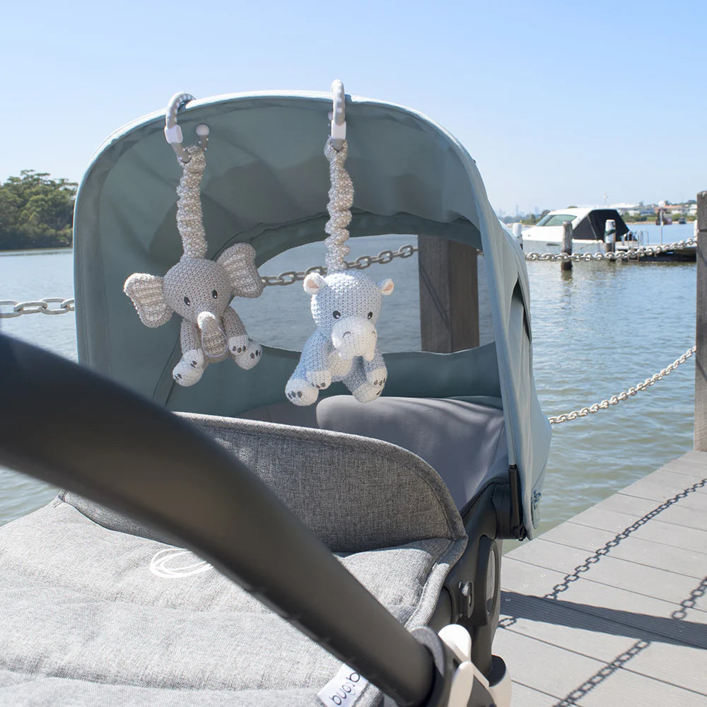 2 pce Cotton Knit Elephant & Hippo Stroller Toys