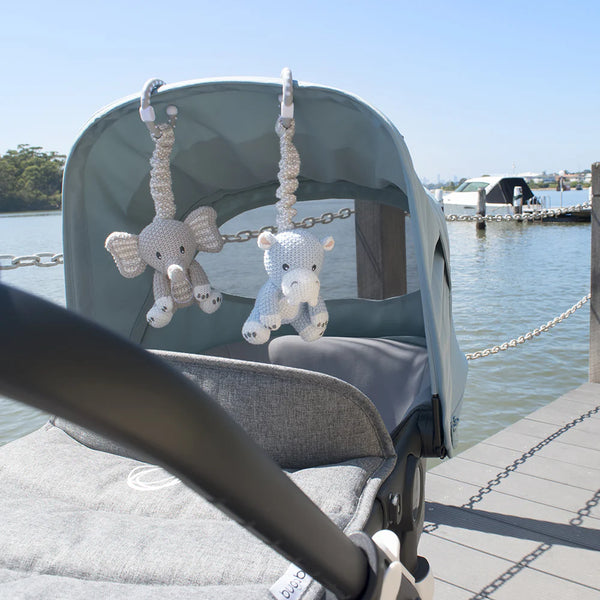2 pce Cotton Knit Elephant & Hippo Stroller Toys