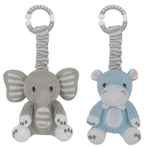 2 pce Cotton Knit Elephant & Hippo Stroller Toys