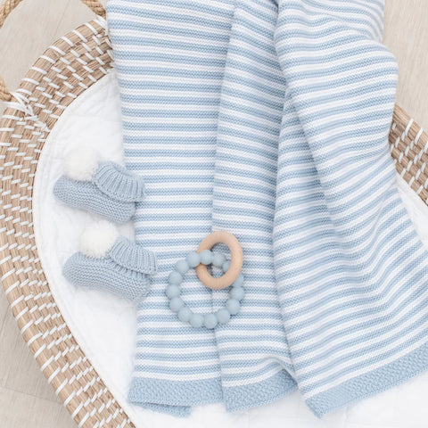 100% Cotton Knit Stripe Baby Blanket- White & Blue